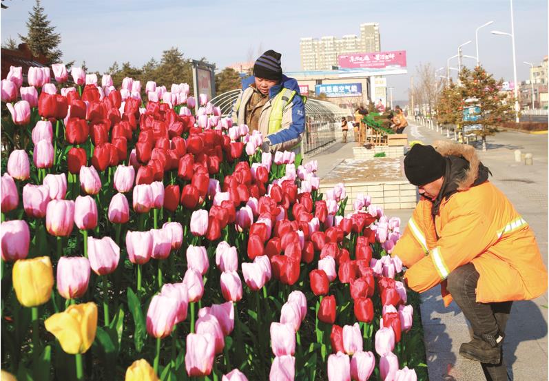 珲春市住建局路灯处工作人员在龙源公园安装节日彩灯